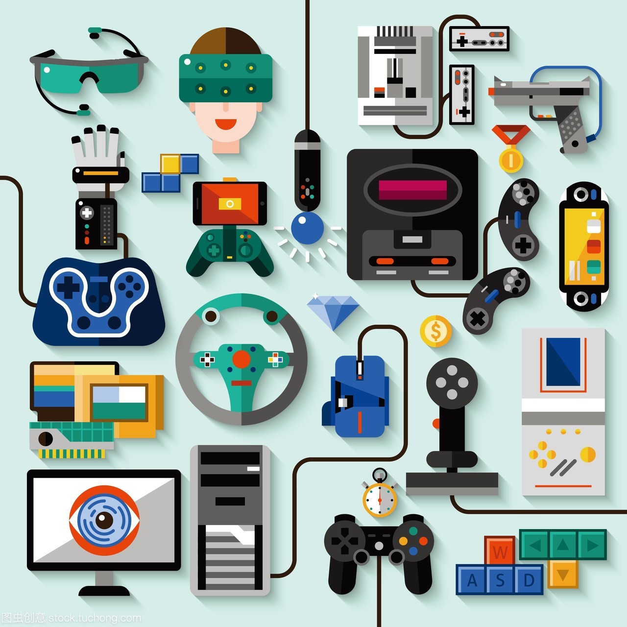 游戲產品組數據處理技術 小工具、播放技術與圖標設置的矢量插圖應用